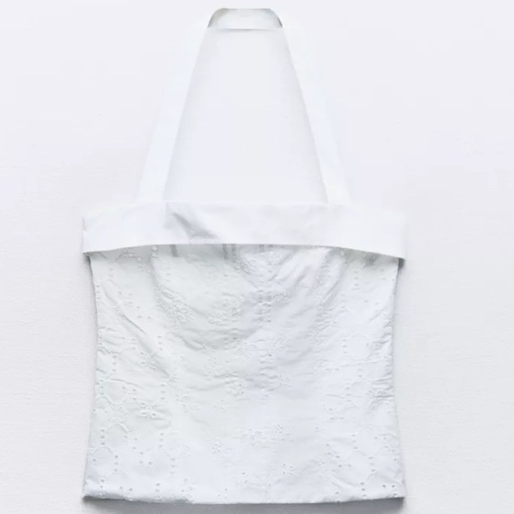 Zara White Embroidered Eyelet Halter Top